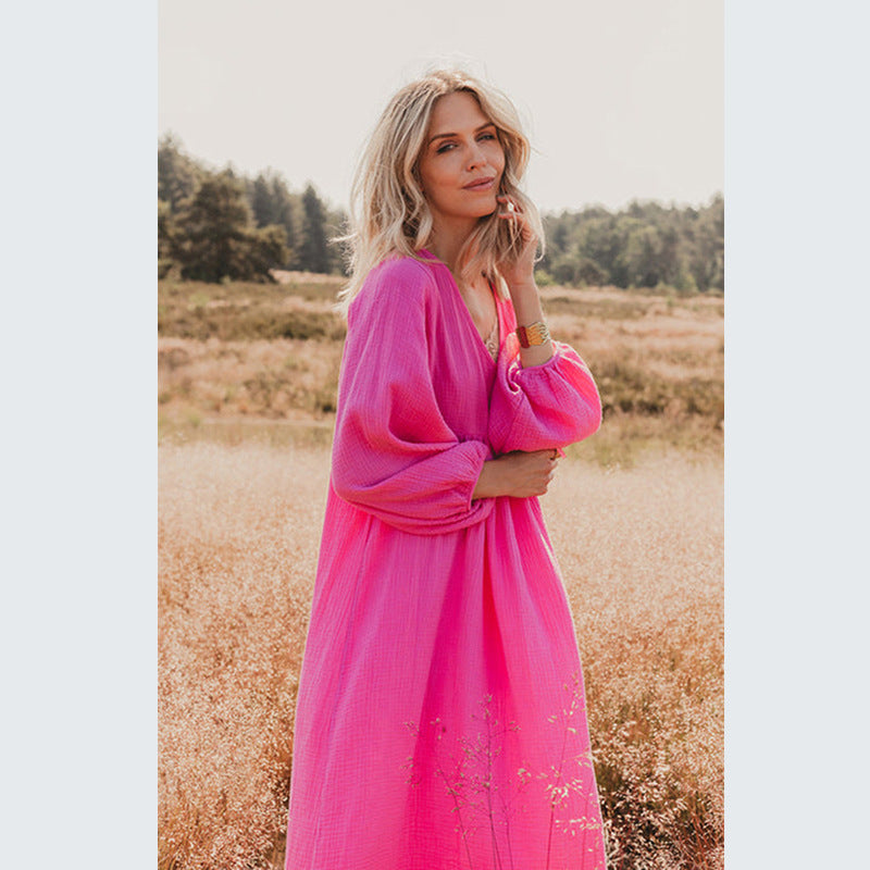 Vestido holgado informal de color liso con escote en V y mangas abullonadas para mujer