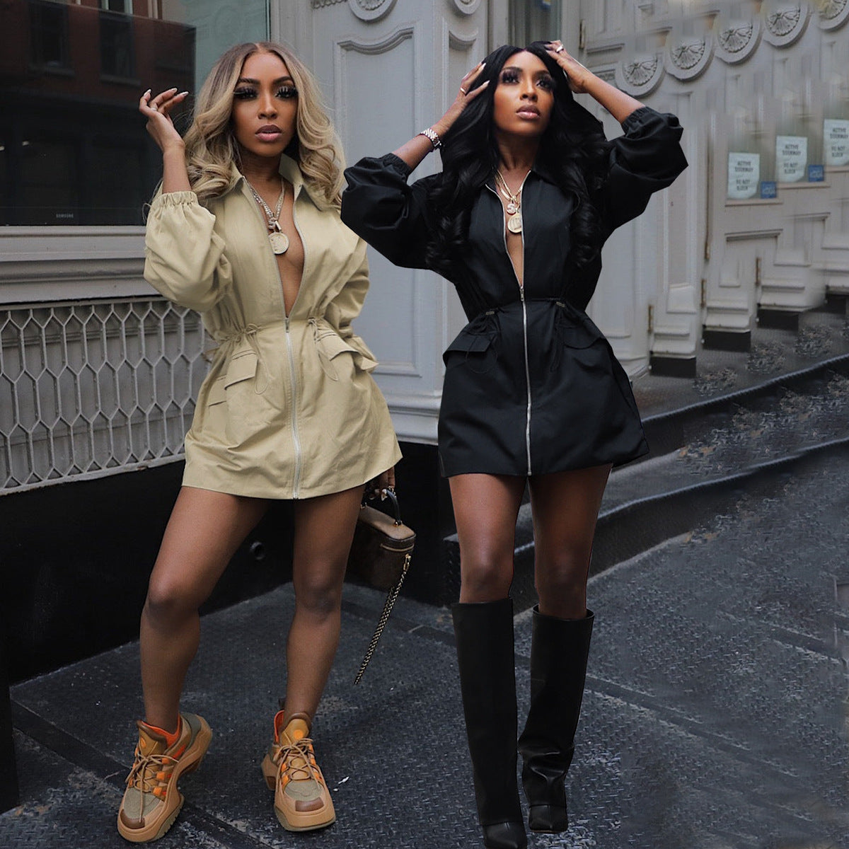 Women Fashion Casual Drawstring Defined Waist Long Sleeve Dress