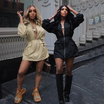 Women Fashion Casual Drawstring Defined Waist Long Sleeve Dress