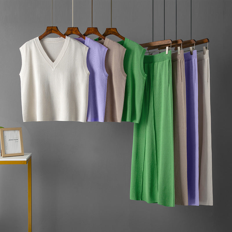 Conjunto de dos piezas para mujer, informal, de color sólido, con escote en V, suelto, sin mangas, de punto, cintura alta, pantalones de pierna ancha con abertura