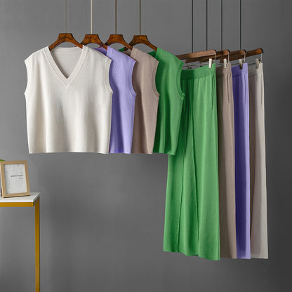 Conjunto de dos piezas para mujer, informal, de color sólido, con escote en V, suelto, sin mangas, de punto, cintura alta, pantalones de pierna ancha con abertura