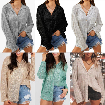 Spring Autumn Women Fashion Sequins Long Sleeve Lapel Elegant Casual Shirt Blouse