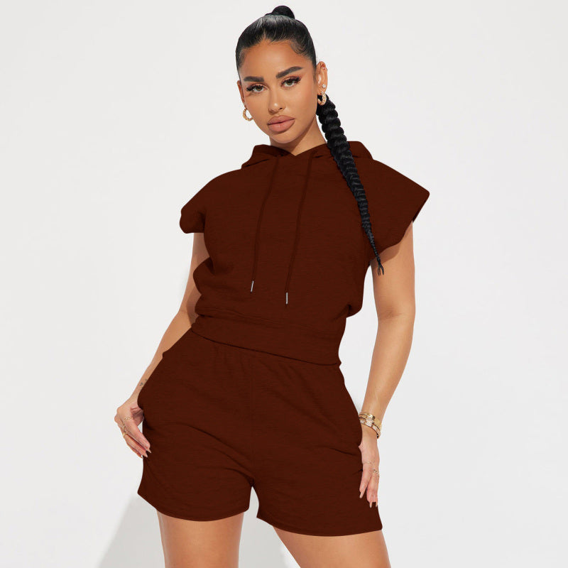 Women Fashion Casual Sports Style Solid Color Short Sleeve Hooded Top Shorts Two-Piece Set