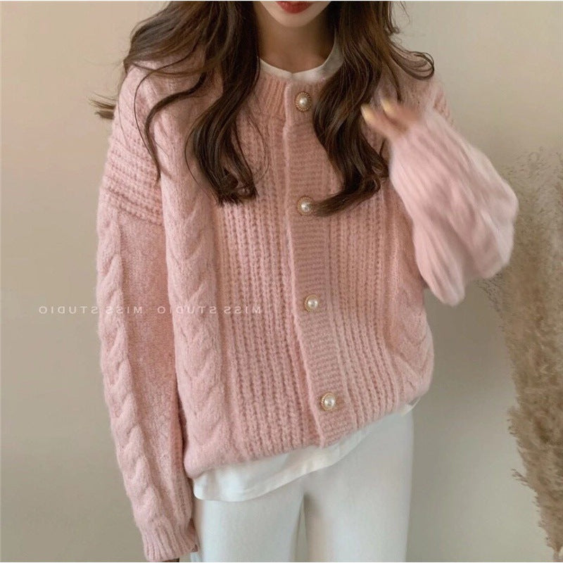 Suéter tipo cárdigan liso de manga larga con cuello redondo y tejido trenzado para mujer, informal, de invierno