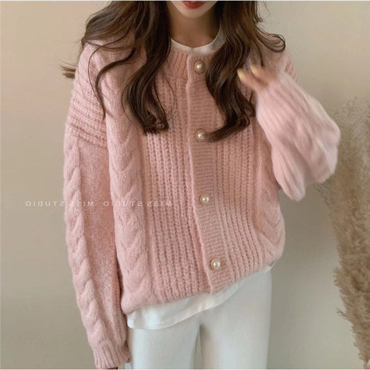 Suéter tipo cárdigan liso de manga larga con cuello redondo y tejido trenzado para mujer, informal, de invierno