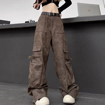 Casual Street Women Vintage Suede Biker Straight Leg Pocket Cargo Pants