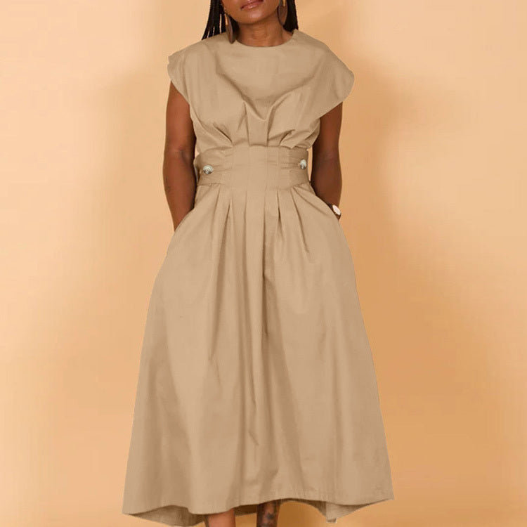 Vestido informal de nailon holgado con cuello redondo y vuelo grande para mujer, color liso