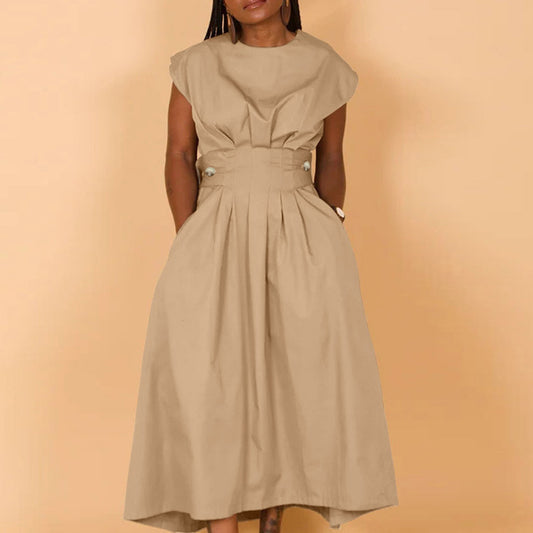 Vestido informal de nailon holgado con cuello redondo y vuelo grande para mujer, color liso
