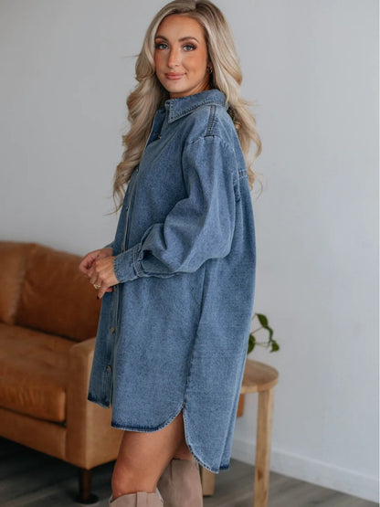 Women Fashion Casual Loose Lapel Long Sleeve Single Breasted Denim Dress