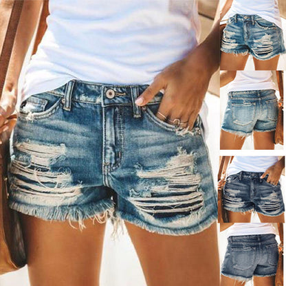 Fashion Summer Women Casual High Waist Ripped Raw Hem Denim Shorts