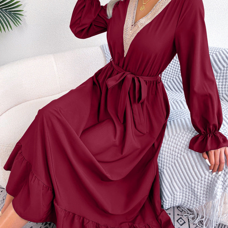Women Fashion Casual V-Neck Lace Defined Waist Ruffled Dress