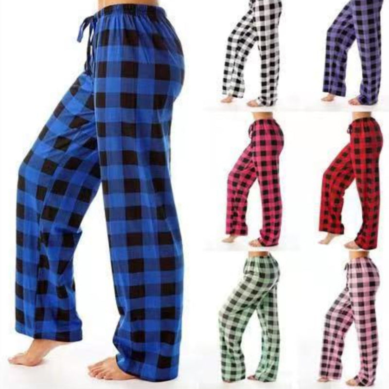 Women Fashion Casual Plaid Printing Wide Leg Loose Pants