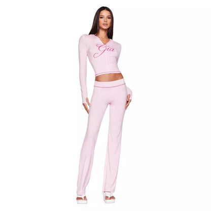 Conjunto de dos piezas de pantalones casuales de cintura alta sin tirantes con estampado en caliente para mujer