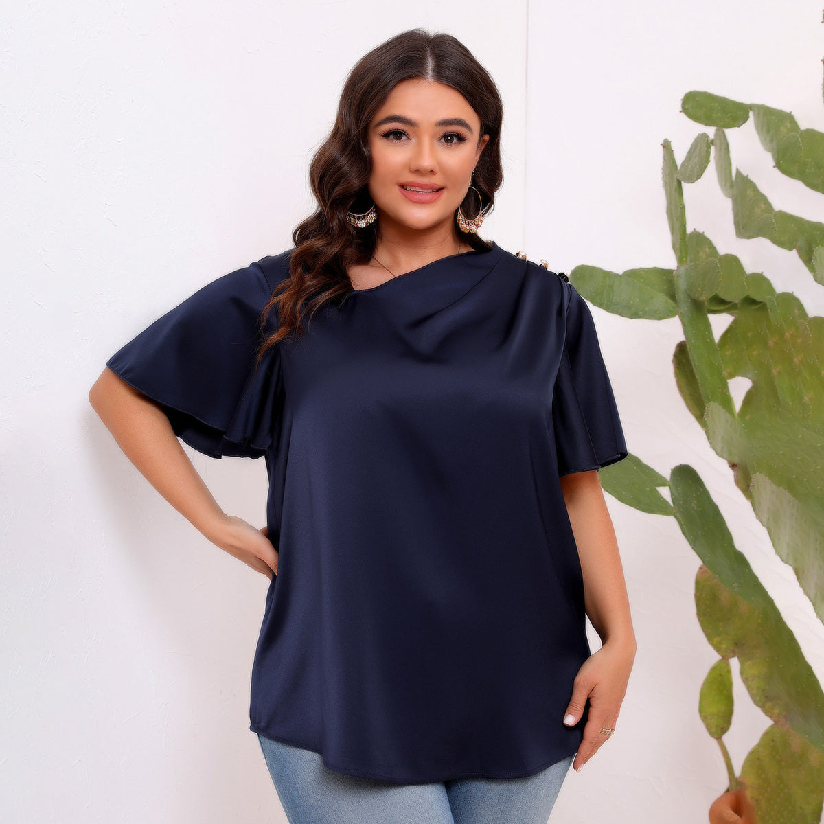 Blusa informal de satén de color liso con mangas plisadas y volantes para mujer, talla grande