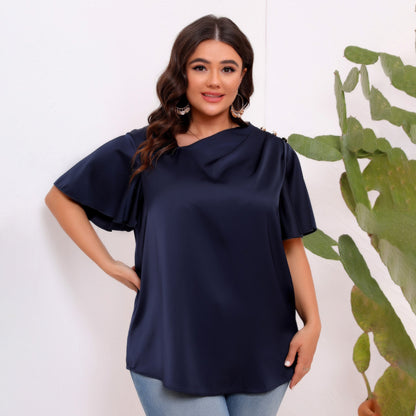 Blusa informal de satén de color liso con mangas plisadas y volantes para mujer, talla grande