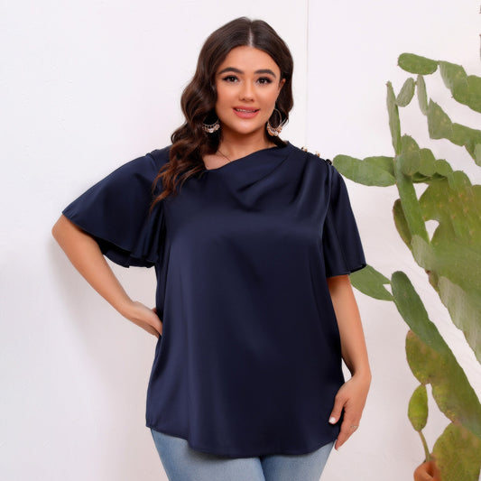 Blusa informal de satén de color liso con mangas plisadas y volantes para mujer, talla grande