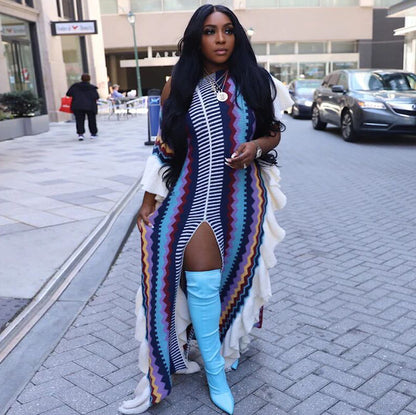 Women Casual Ruffled Knit Stripe Split Maxi Dress