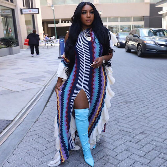 Women Casual Ruffled Knit Stripe Split Maxi Dress