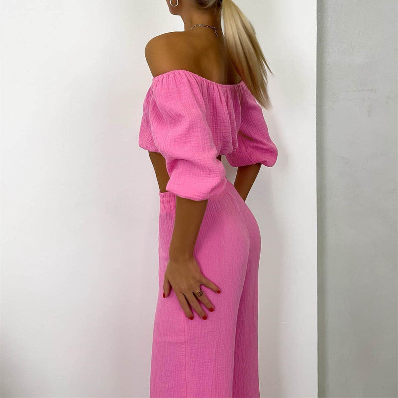 Women Solid Color Wrinkle Off-The-Shoulder Croptop And High Waist Wide-Leg Pants Casual Suit