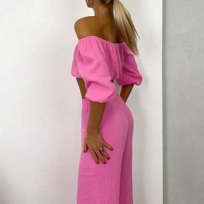 Women Solid Color Wrinkle Off-The-Shoulder Croptop And High Waist Wide-Leg Pants Casual Suit