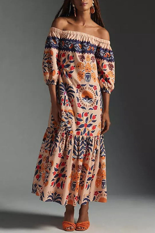 Bohemian Women Casual Printed Off-Shoulder Loose Maxi Dress