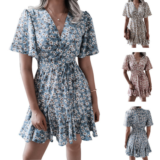 Spring Summer Women Casual Vacation Floral Printed Chiffon Short Sleeve Dress