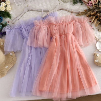 Women Casual Vacation Mesh Mid-Length One-Shoulder Suspender Dress