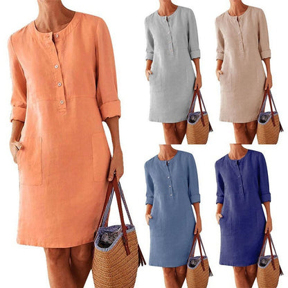 Women'S Casual Solid Color Round Neck Long Sleeve Dress