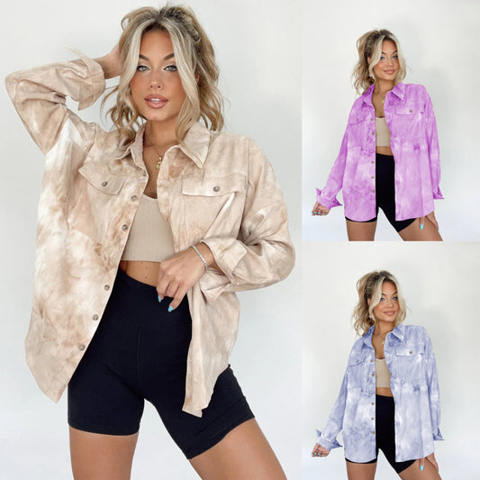 Casual Fashion Women Tie Dye Print Long Sleeve Shacket Blouse