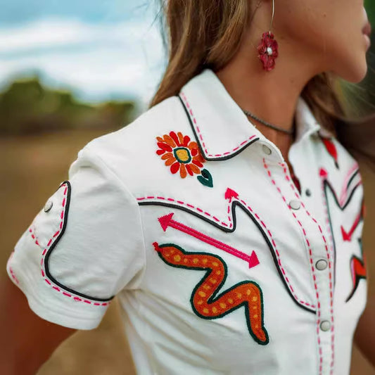 Blusa informal de manga corta con solapa y estampado occidental para mujer