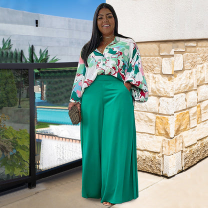 Conjunto de dos piezas para mujer, camisa de manga larga holgada, informal, estampada, de talla grande y pantalones anchos de color liso.