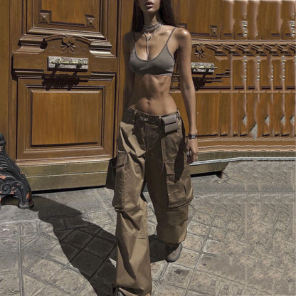 Pantalones cargo vintage de cintura baja, holgados, con múltiples bolsillos, informales y de pierna ancha para mujer