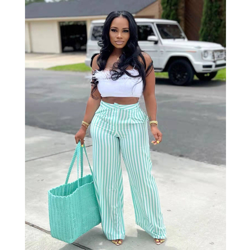Women Fashion Casual Multicolor Stripe Wide Leg Pants