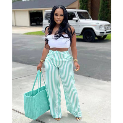 Women Fashion Casual Multicolor Stripe Wide Leg Pants