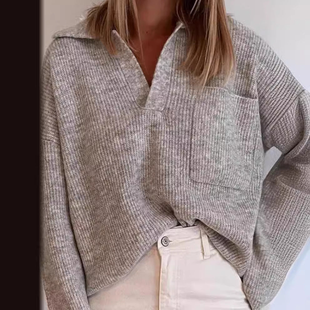 Suéter de punto informal holgado de color liso con bolsillo y solapa para mujer