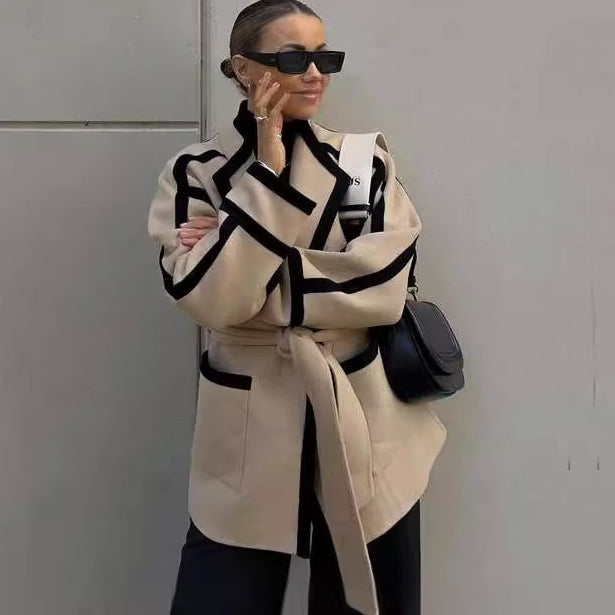 Abrigo informal de lana de doble cara con cordones y manga larga para mujer, otoño e invierno