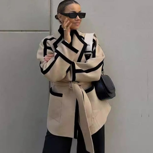 Abrigo informal de lana de doble cara con cordones y manga larga para mujer, otoño e invierno