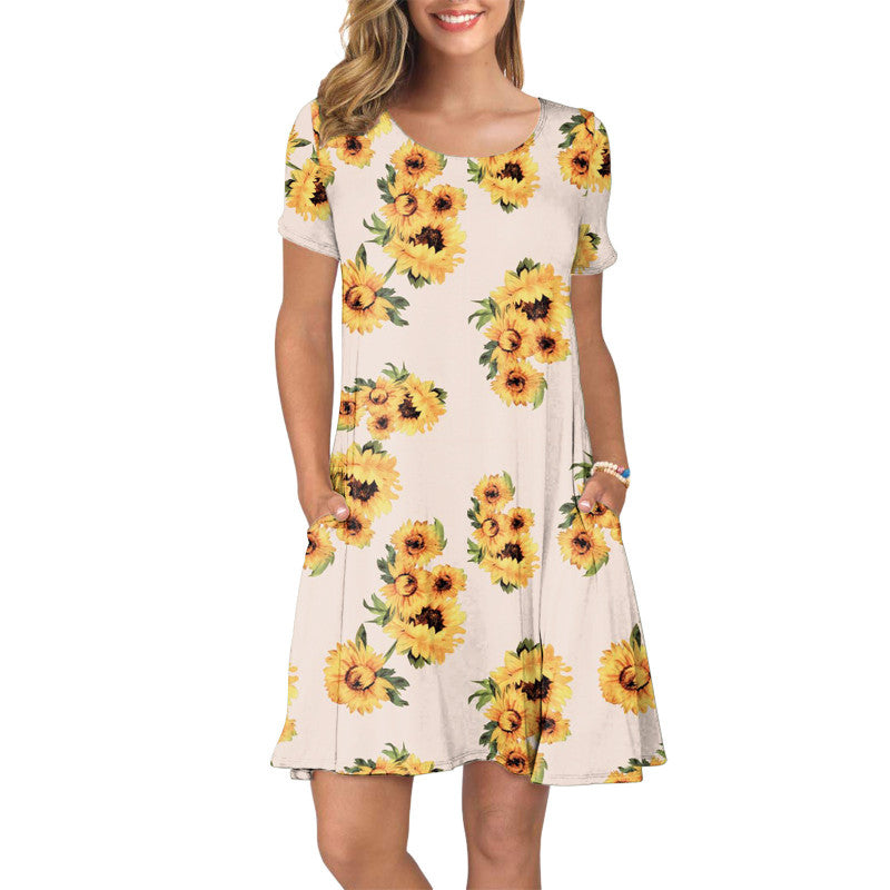 Crewneck Floral Sunflower Printed Women Casual Short Sleeve Pocket Dress
