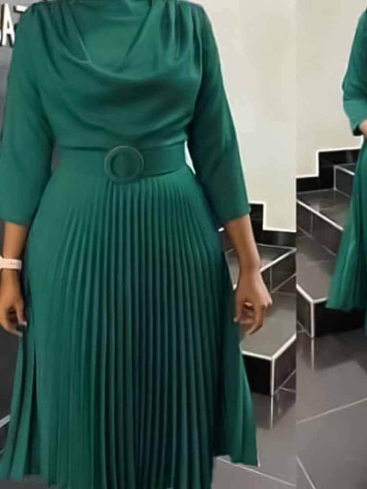 Vestido informal de manga larga plisado de color liso para mujer, talla grande