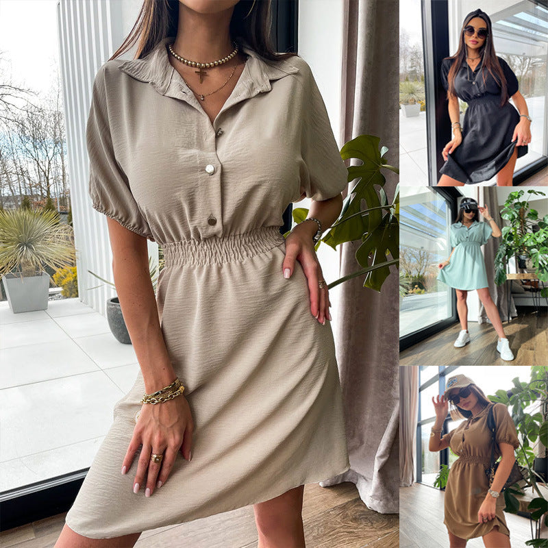 Vestido informal de manga corta con solapa y botonadura sencilla de color liso para mujer