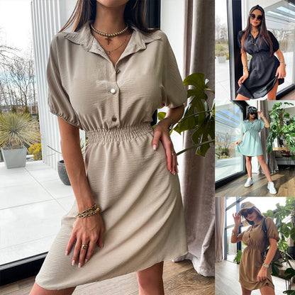 Vestido informal de manga corta con solapa y botonadura sencilla de color liso para mujer
