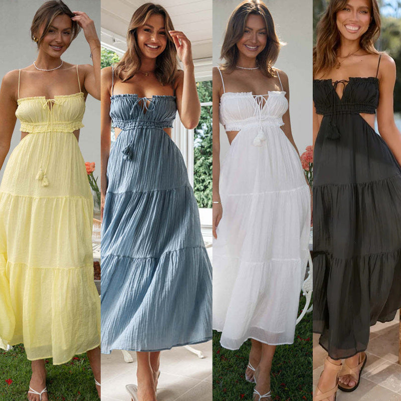 Women Fashion Casual Solid Color Strap Backless Hollow Maxi Dress