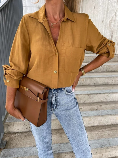 Blusa sencilla, básica, informal, de color liso, con cuello en V y solapa con botones para mujer