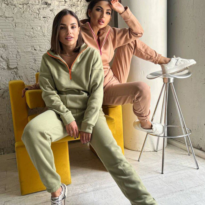 Conjunto de dos piezas de suéter y pantalones de manga larga con cremallera y solapa informal para mujer Otoño Invierno