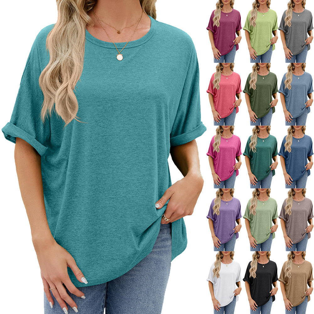 Camiseta informal de verano para mujer, color liso, cuello redondo y manga corta