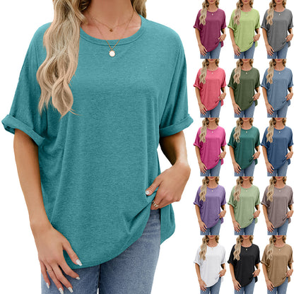 Camiseta informal de verano para mujer, color liso, cuello redondo y manga corta