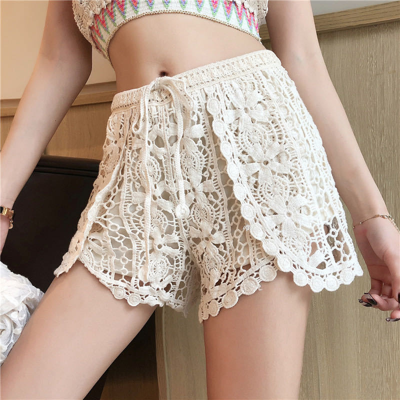 Women Summer Solid Color Crochet Hollow High Waist Casual Shorts