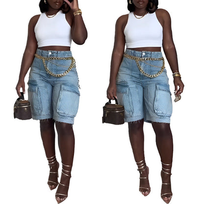 Women Fashion Casual Cargo Denim Shorts