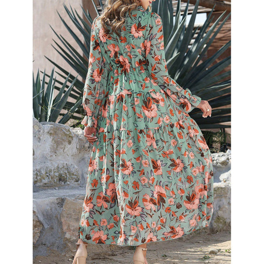 Women Ruffled Layered Long-Sleeve Tiny Flower Pullover V-Neck Casual Maxi Dress