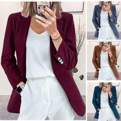 Autumn Winter Women Fashion Casual Solid Color Corduroy Long Sleeve Blazer Jacket